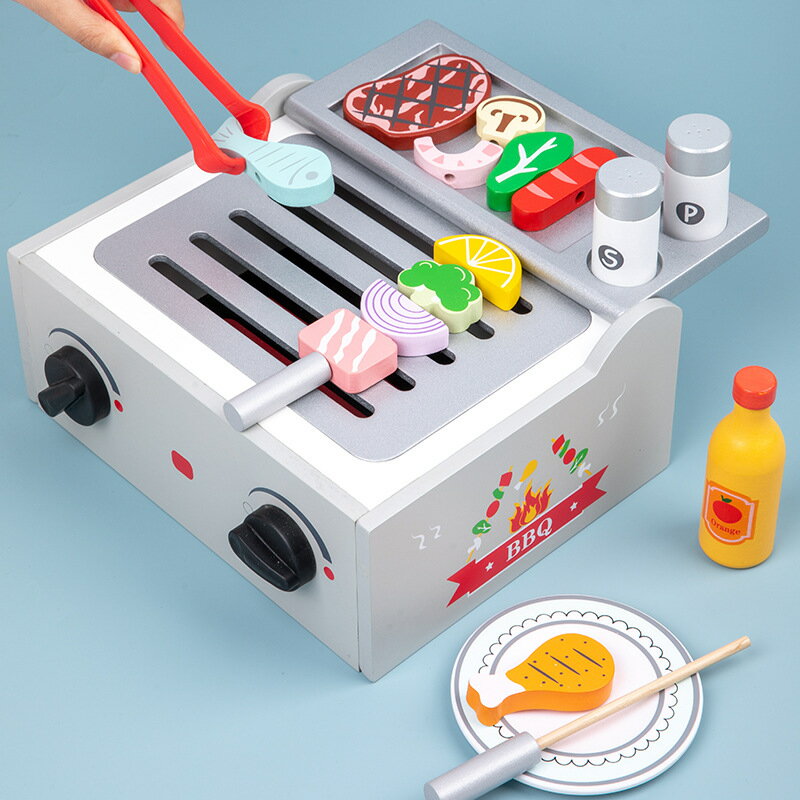 兒童BBQ燒烤箱木製模擬串串樂烤串組合戶外過家家廚房套裝玩具 5