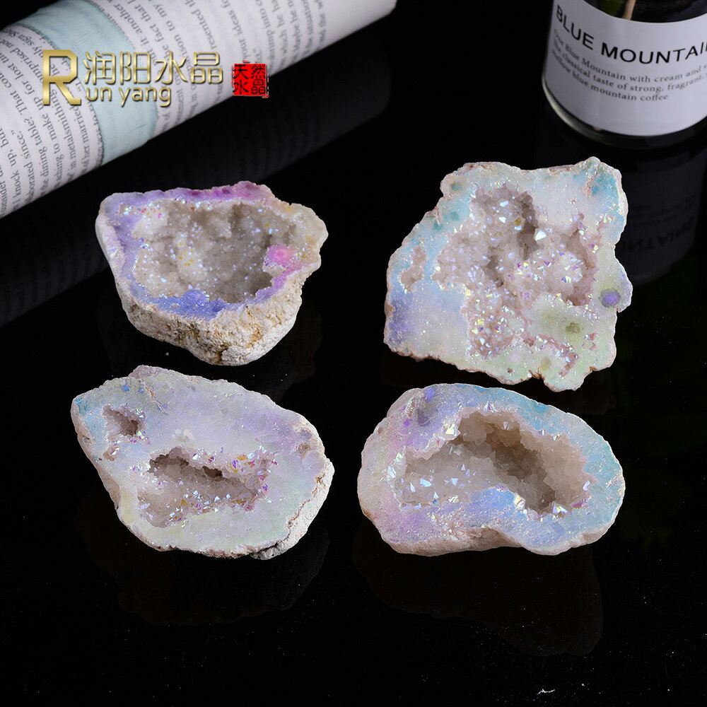 Runyangshi天然白水晶原礦瑪瑙晶洞聚寶盆電鍍彩虹色收藏礦物標本