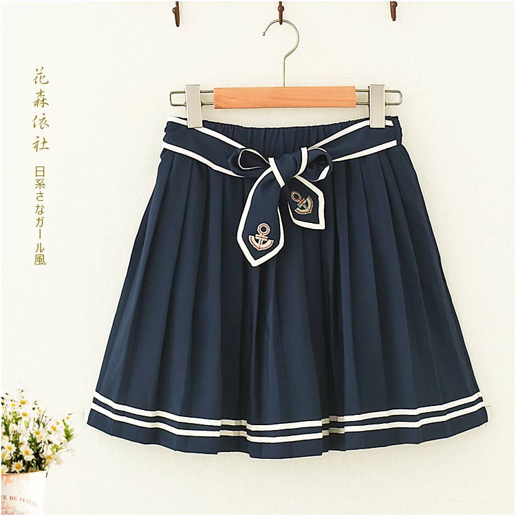 日系森女鐵錨刺繡海軍風半身裙學生少女軟萌妹百褶裙水手服短裙子