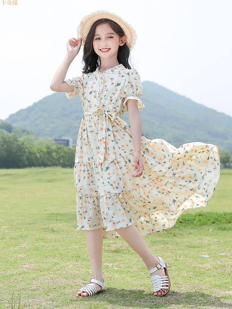 韓版童裝女童雪紡裙子夏裝2023新款中大童洋氣兒童夏季女孩連衣裙