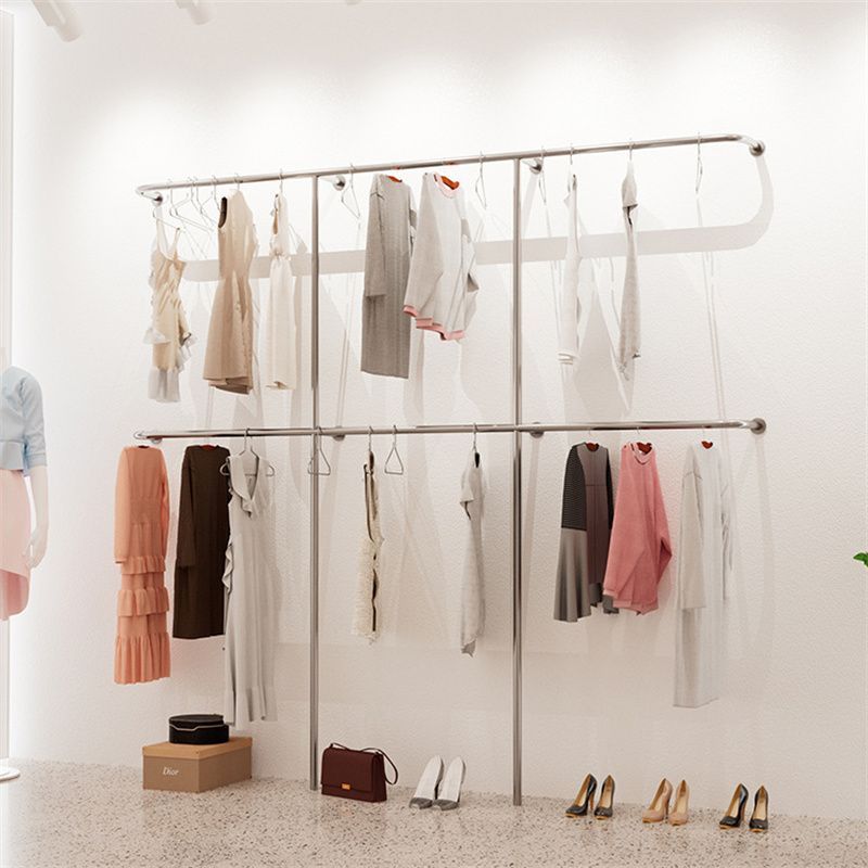 免運 掛衣架 衣櫃家 衣帽架 展示架 服裝店展示架 頂天立地架 不銹鋼女裝服裝店展示架墻上上墻衣架透明陳列架雙層掛衣架特惠/開立發票K1009