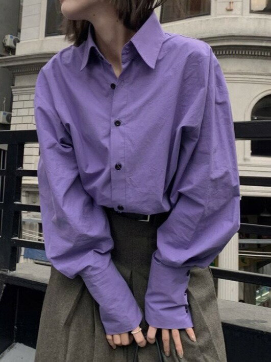 楓林宜居 別致法式設計感小眾紫色襯衫打底長袖上衣女春秋寬松休閑襯衣