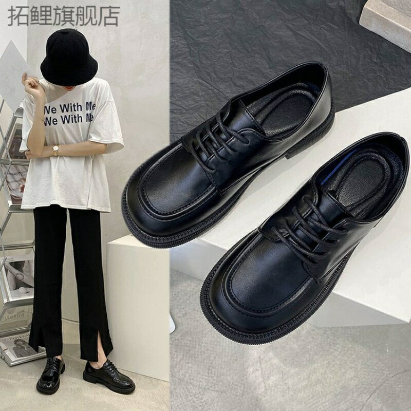黑色小皮鞋女秋季新款英倫學院風系帶軟平底單鞋一腳蹬樂福鞋