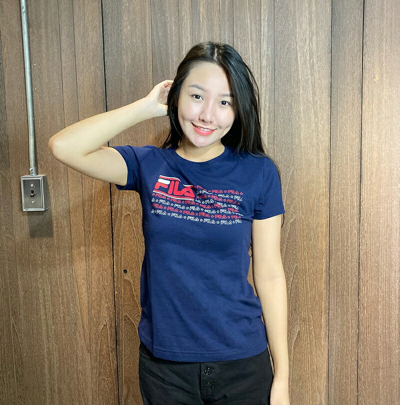 美國百分百【全新真品】 FILA 短袖 T恤 T-shirt 運動潮流 女 腰身 圓領 大 logo 深藍 BF02