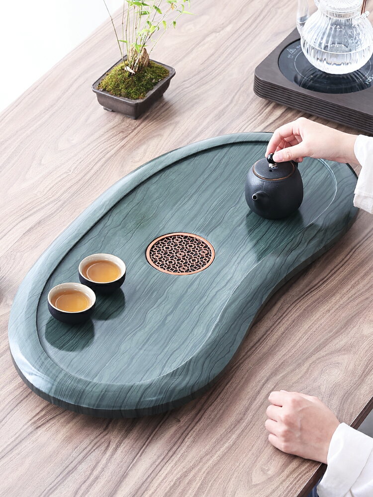 整塊天然木紋石茶盤現代圓形中式簡約家用辦公室茶臺烏金石頭茶海