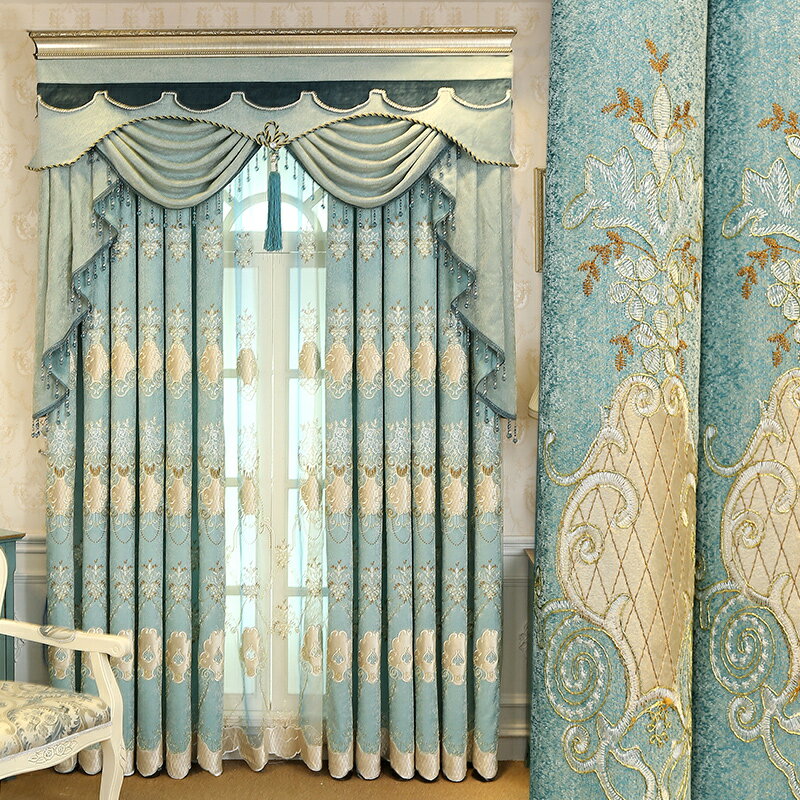 出口歐式奢華客廳窗簾成品繡花遮光布臥室飄窗落地紗簾定制2021年