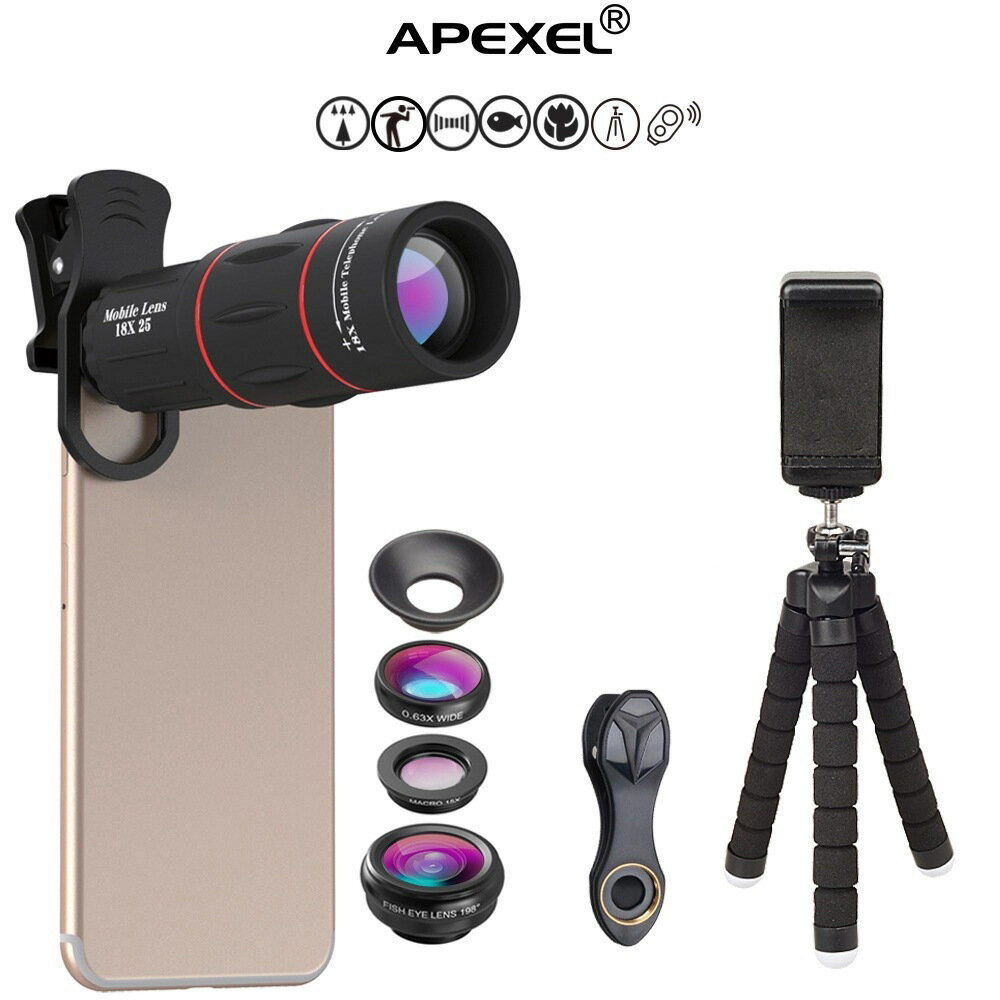 APEXEL18倍長焦魚眼廣角微距四合一通用外接攝影手機鏡頭