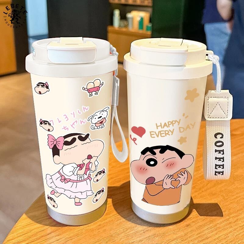 蠟筆小新316不鏽鋼保溫杯 男女生隨行吸管咖啡杯 520ml容量便攜手提水杯