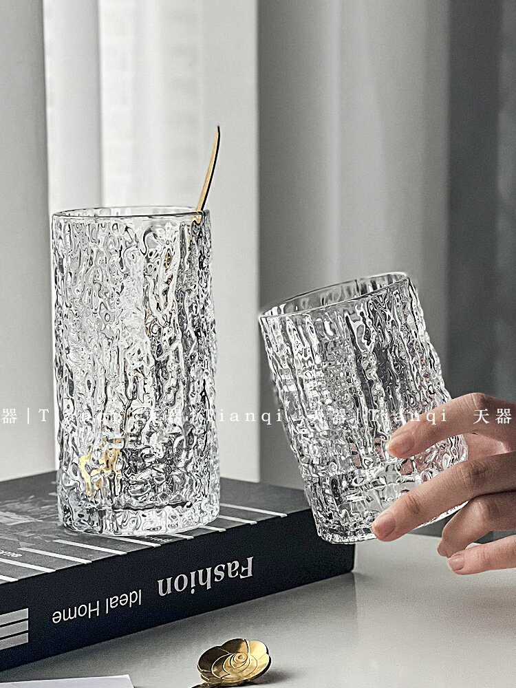 天器ins石紋玻璃杯果汁冷飲奶茶咖啡杯樹紋家用簡約水杯帶勺杯