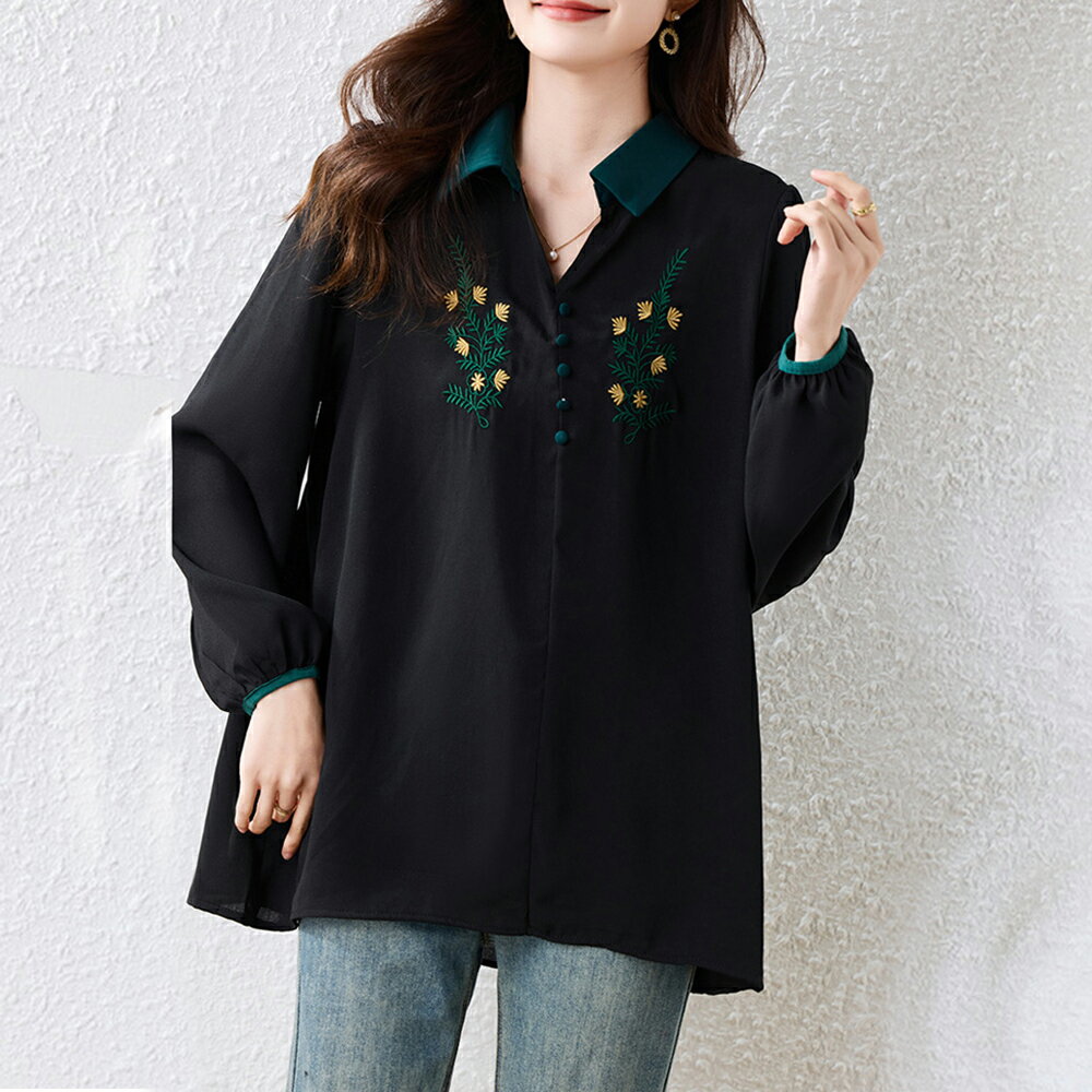 ＊ORead＊襯衣領刺繡上衣(黑色L~5XL)【限定加碼✿全館滿額再折】
