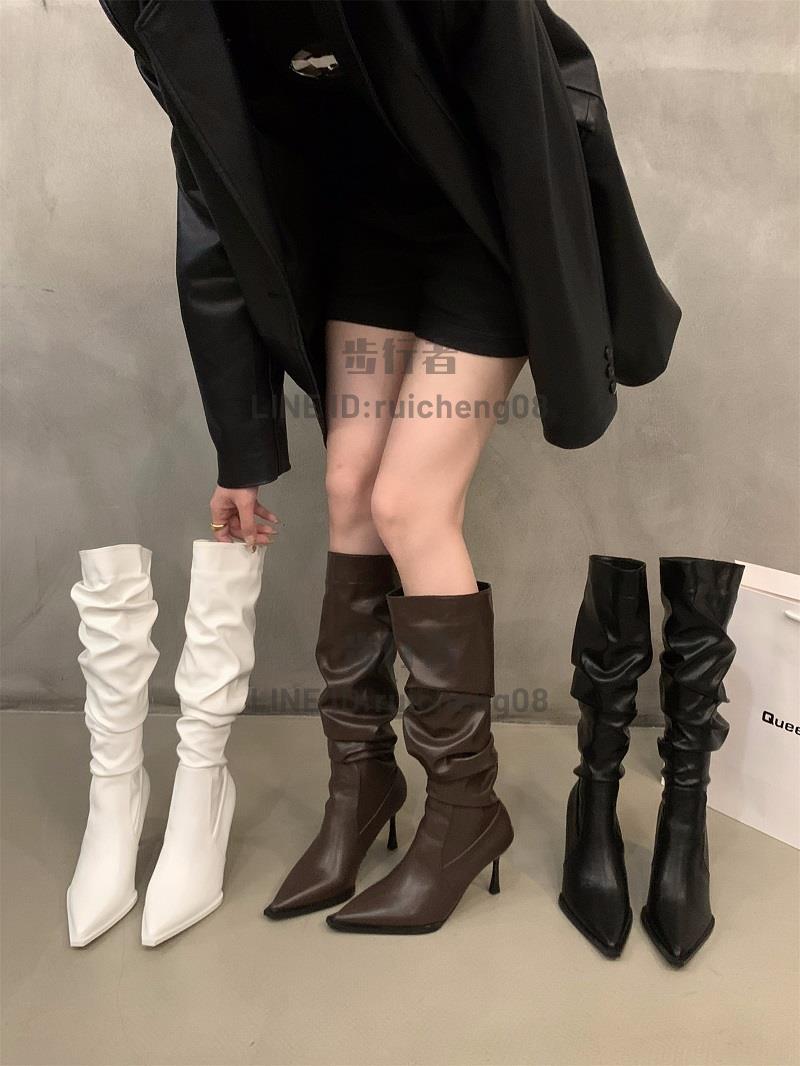 高跟尖頭堆堆長筒靴女鞋秋冬季白色瘦瘦細跟騎士中長靴子【步行者戶外生活館】