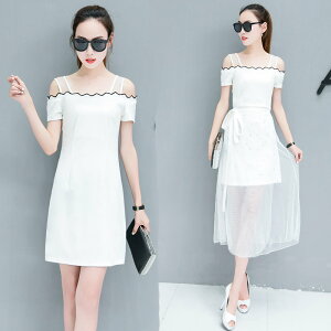 FINDSENSE G5 韓國時尚 夏季 兩件套 氣質 拼接 網紗 長裙 裙子 連身裙 套裝
