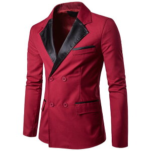FINDSENSE Z1 韓國 時尚 潮 男 翻領 雙排扣 黑紅拼色 皮質領口 休閒外套 西裝外套