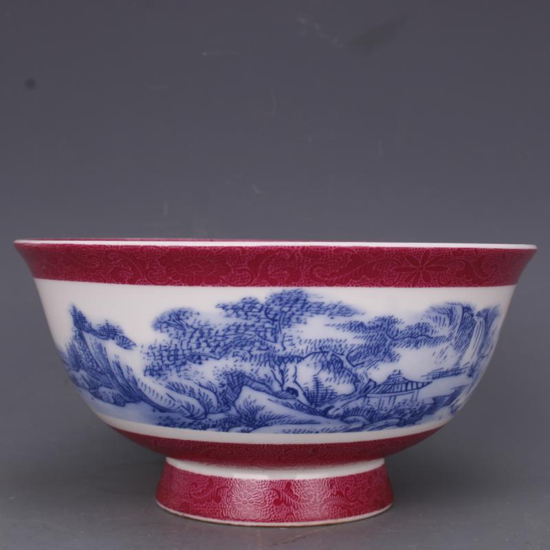 清乾隆青花鬥彩山水紋麵碗6寸仿古瓷器家居餐具擺件古玩老收藏1入
