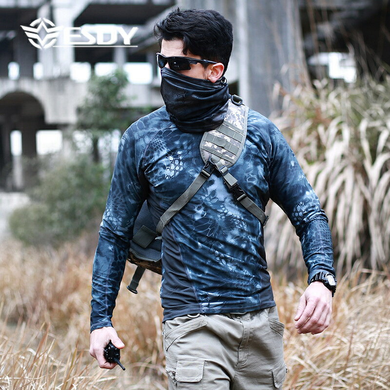 戶外緊身衣男長袖軍迷蟒紋戰術T恤透氣排汗彈力運動速幹t恤打底衫
