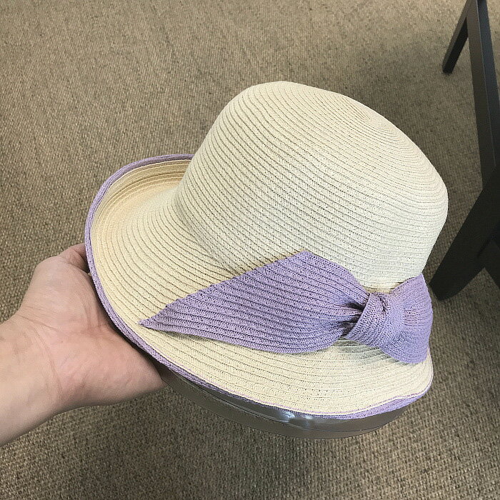 優雅卷邊拼色蝴蝶結漁夫帽海邊沙灘遮陽帽涼帽子女夏天草帽時裝帽1入