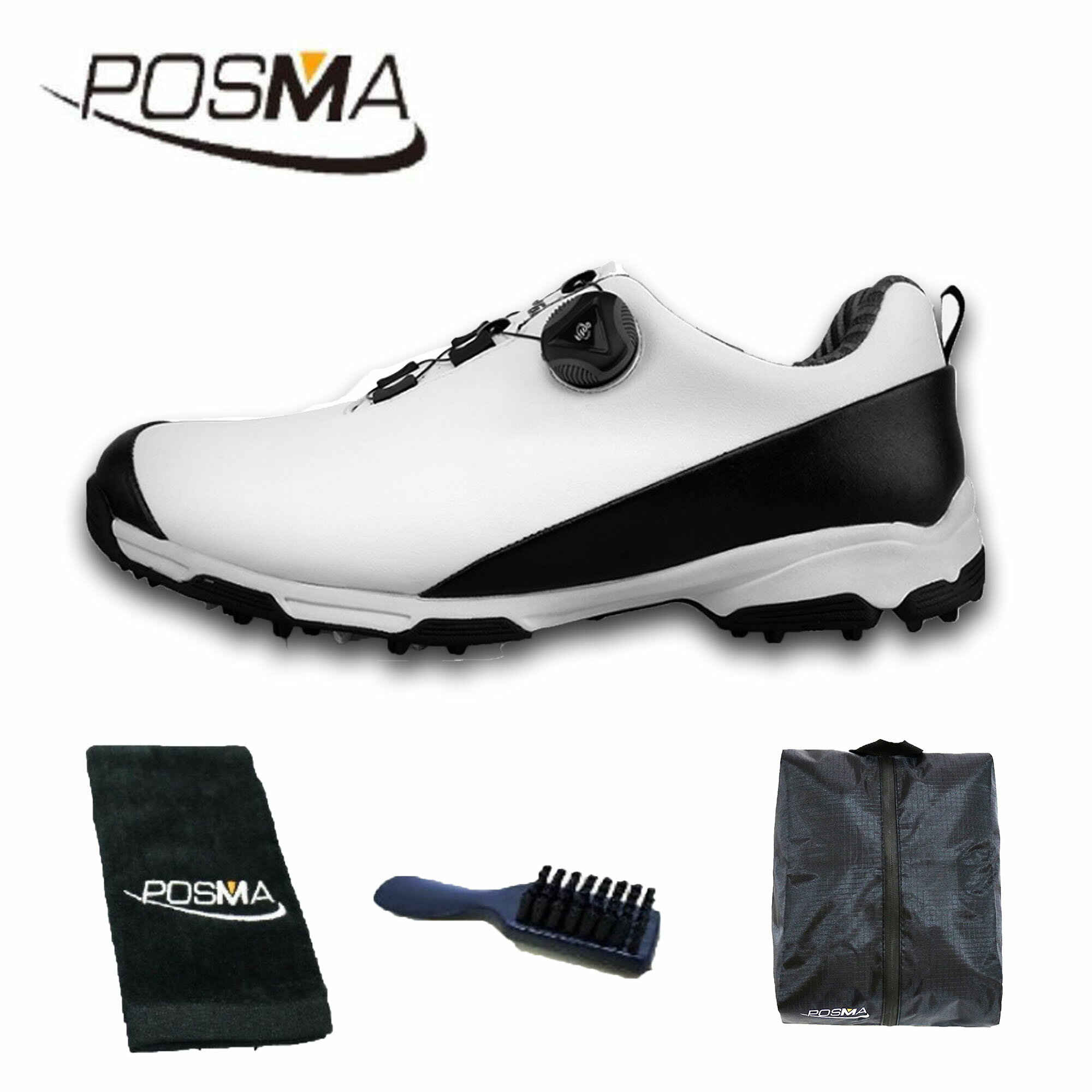 高爾夫球鞋 男士防水鞋子 pgm 旋轉鞋扣運動鞋 GSH090 白 黑 配POSMA鞋包 2合1清潔刷  高爾夫球毛巾