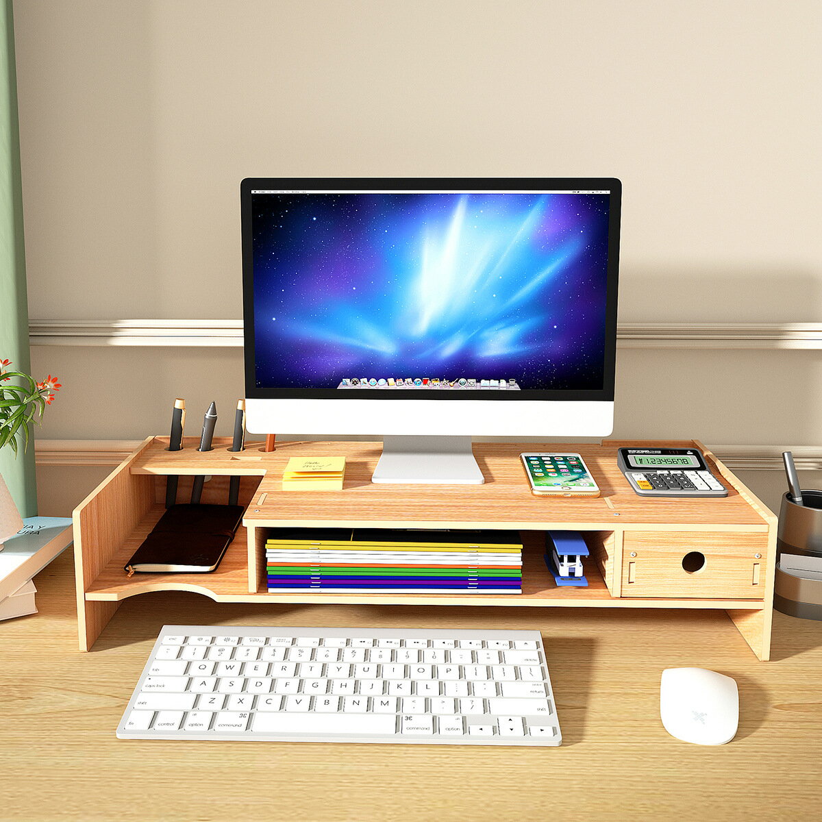 電腦顯示器增高架辦公室桌面收納顯示屏抽屜筆記本鍵盤置物架
