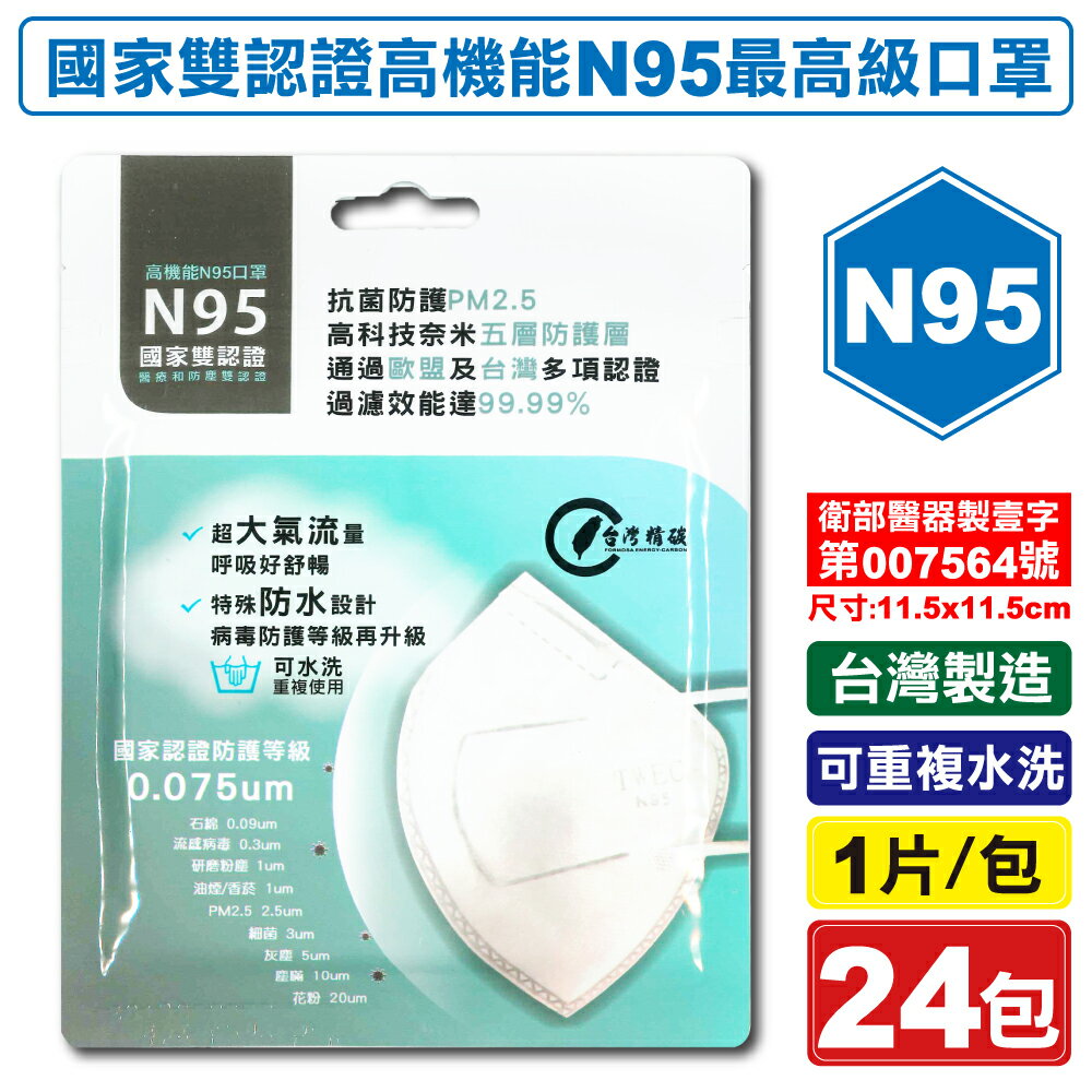 (平均單包$58)台灣精碳 N95醫用口罩 1入X24包 (國家認證 可水洗重複使用 台灣製) 專品藥局【2018539】