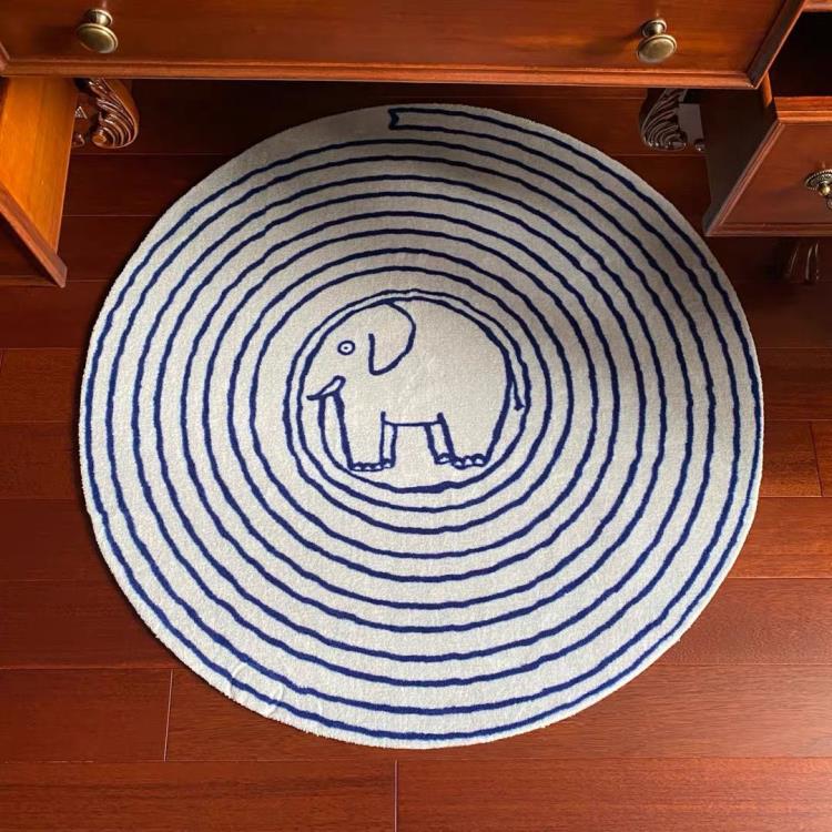 原創可愛兒童房圓形地毯設計師擼貓感大象臥室床邊毯書桌椅子地墊【摩可美家】