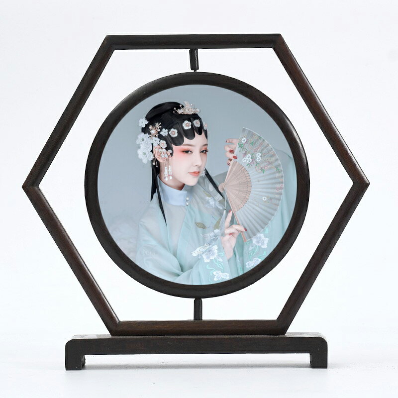 12寸實木雙面古風屏風擺件  中國風全家福照片 擺臺雞翅木相框 1