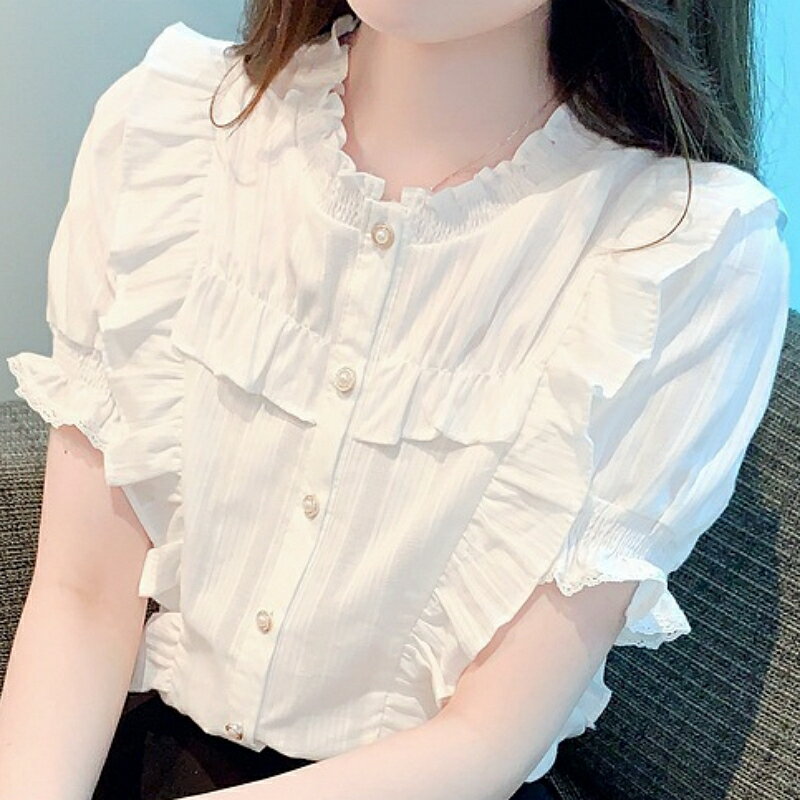 【巴黎精品】現貨+預購 女雪紡上衣短袖襯衫法式名媛氣質OL西裝蕾絲休閒女裝-短袖設計感荷葉邊a1kc47