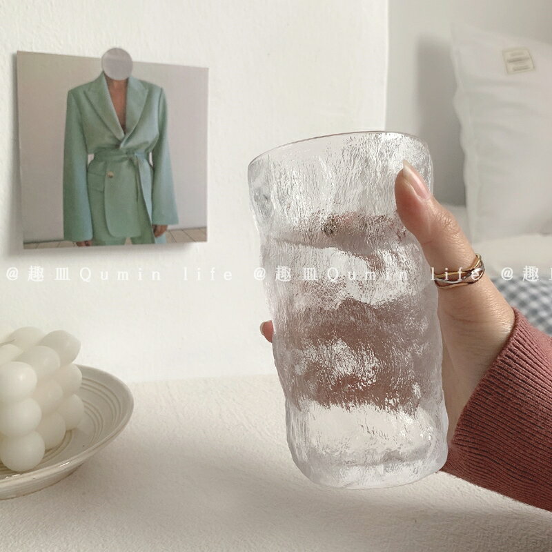 冰川紋玻璃杯家用高顏值水杯女果汁杯ins風冰凌杯子咖啡杯啤酒杯