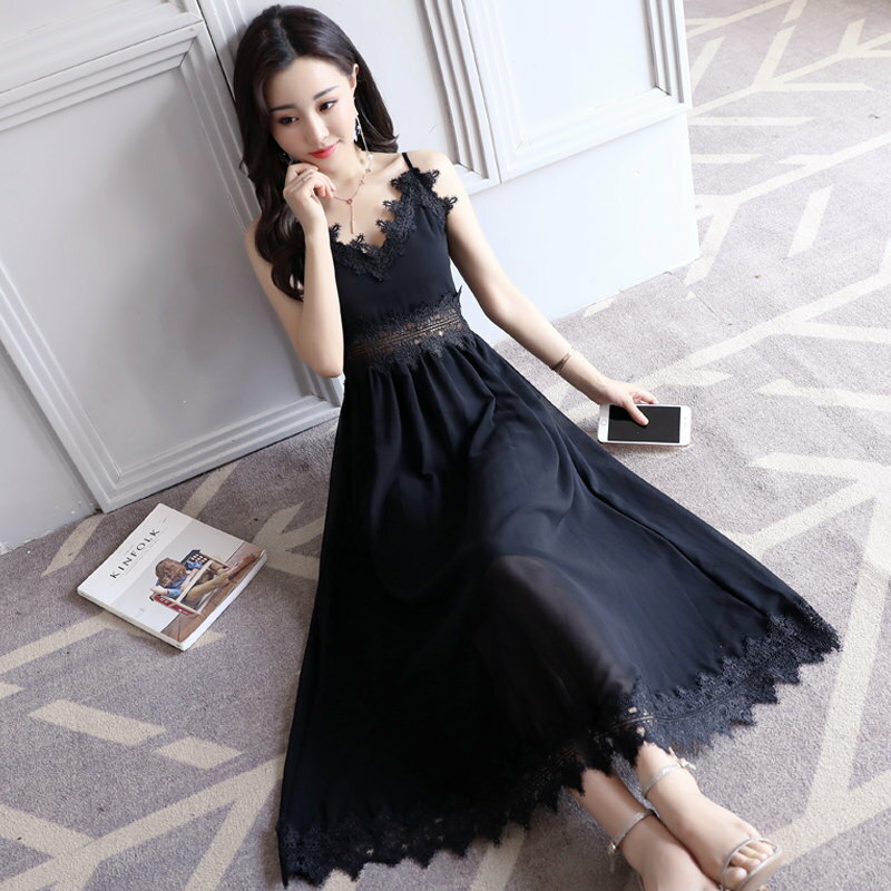 FINDSENSE G5 韓國時尚 夏季 新款 高腰 鏤空 吊帶 蕾絲 拼接 性感 優雅 連身裙