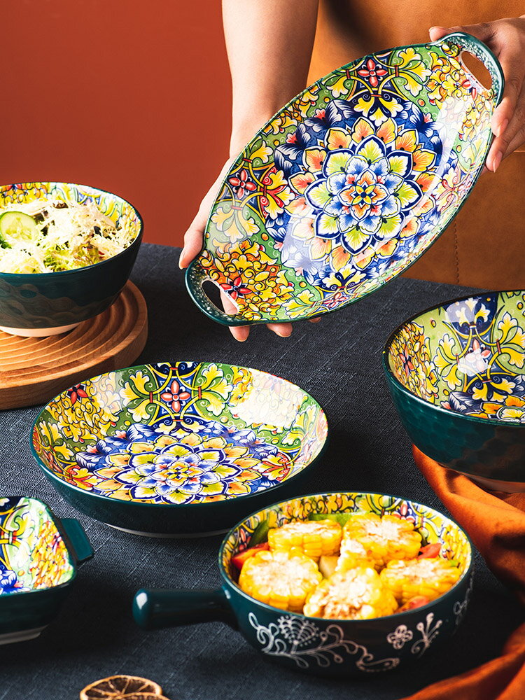 碗碟套裝陶瓷餐具波西米亞復古沙拉飯碗雙耳湯面大碗家用手柄烤盤