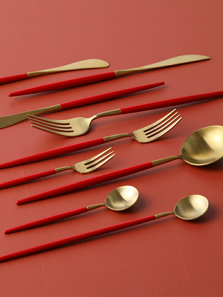 朵頤 紅柄金色圓頭勺牛排刀叉 西餐餐具 304不銹鋼甜品勺水果叉子1入