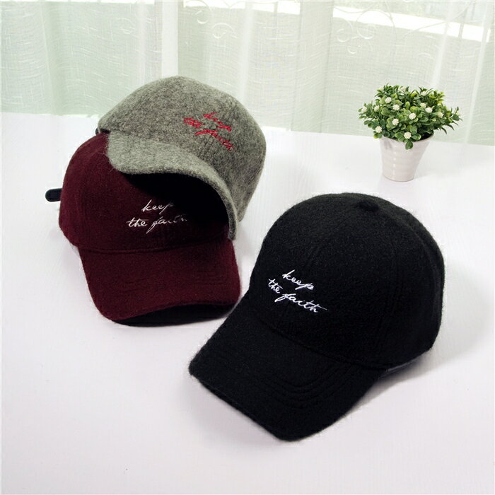 時尚字母刺繡防風保暖加厚毛呢棒球帽秋冬彎簷鴨舌帽子男女士情侶1入