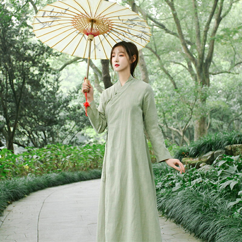 春裝禪意中國風文藝復古禪服茶服連衣裙顯瘦長袖改良棉麻長袍1入