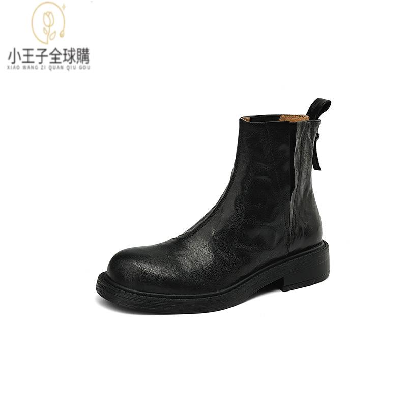 【公司現貨速發】免運 開發票 小短靴 堆堆靴 真皮女鞋 羊皮鞋 小皮鞋 樂福鞋復古馬丁靴切爾西法式平底短筒靴秋冬圓頭後拉鏈手抓紋羊皮 定製