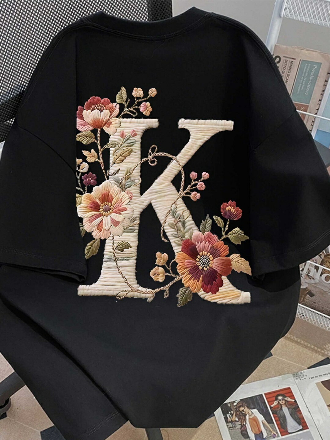 新款純棉美式復古花卉K字母仿刺繡短袖T恤夏季潮牌寬鬆情侶半袖衣