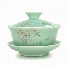 【青瓷蓋碗-手繪荷花-直徑10*高8cm-120ml-1套/組】茶道茶具配件 青瓷蓋碗大號陶瓷三才杯茶碗-7501015