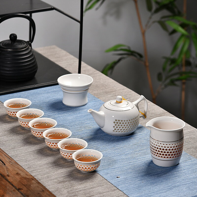 恬靜 青花瓷玲瓏茶具套裝蜂窩鏤空陶瓷功夫茶具冰晶蜂巢茶壺茶杯