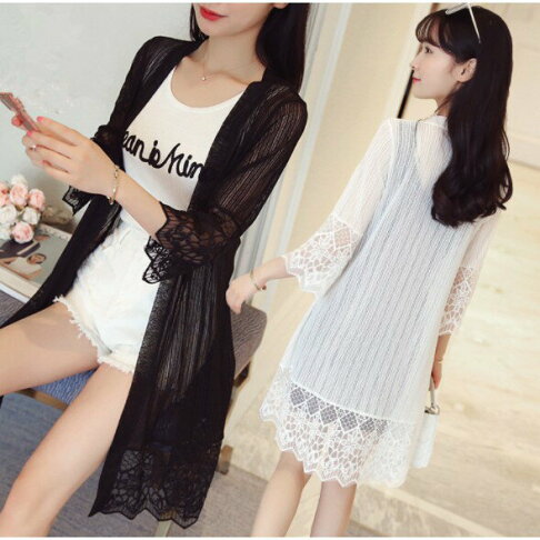 中大尺碼女裝 韓版 中長版外套 薄外套 蕾絲外套 中長款純色開衫七分袖外套 蕾絲防曬罩衫 女空調衫外套 0