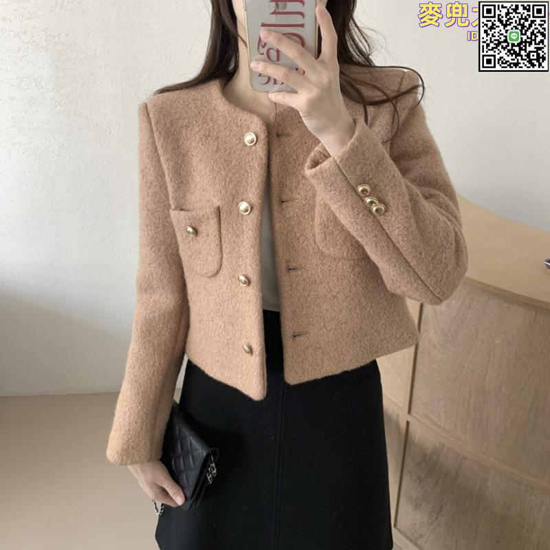 【全球優品滙】氣質小香風金屬排扣圓領毛呢短外套女2023秋季小個子修身顯瘦上衣