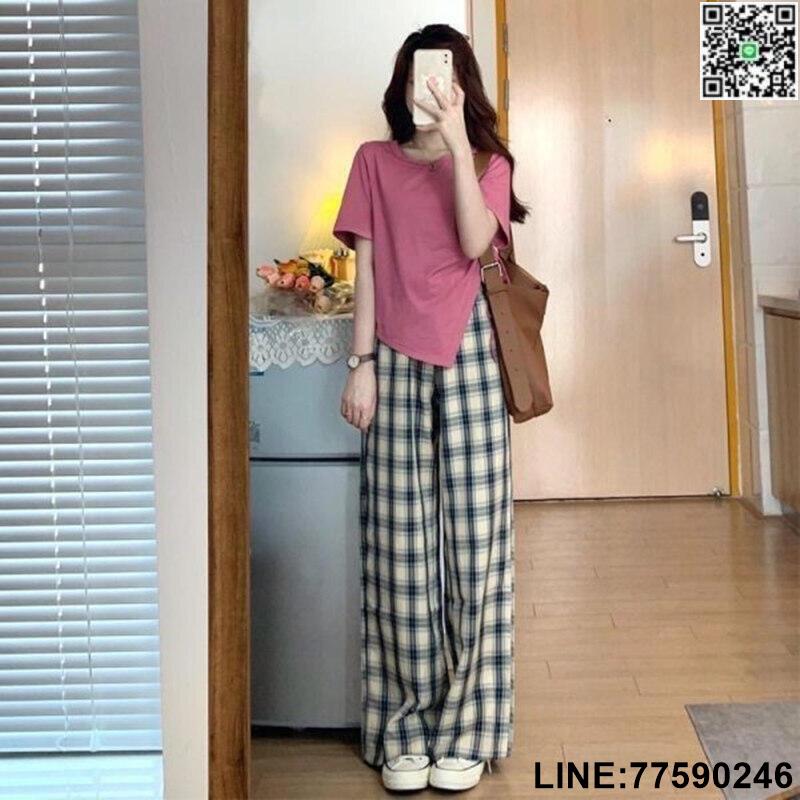 【歡樂購】夏季套裝女遮肉輕熟鹽系短袖上衣顯瘦格子褲闊腿褲兩件套休閒服裝流行女裝女性衣服~BA16440