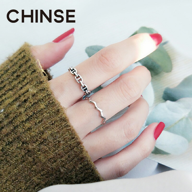 傾色925純銀ins風復古小眾品牌豬鼻開口戒指女潮波浪開口簡約氣質 1