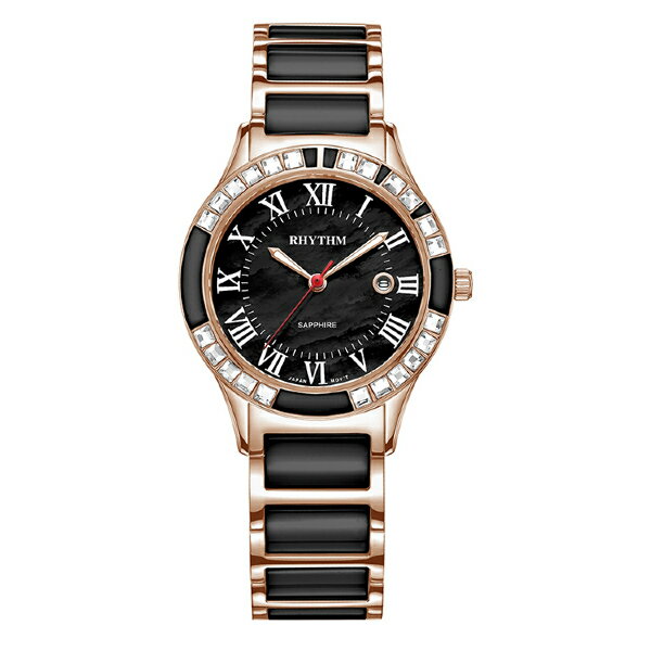 Rhythm 日本麗聲鐘時針 羅馬刻度日期陶瓷指針錶 (F1204T05) 黑x玫瑰金 39mm｜樂天全館特惠中★指定刷卡回饋10%