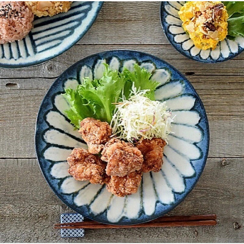 日本製 美濃燒 東隴窯/ 藍調菊星 8吋 6吋皿~餐盤/淺皿/主食~咖哩火鍋菜盤~家庭/營業用，現貨供應！快速出貨