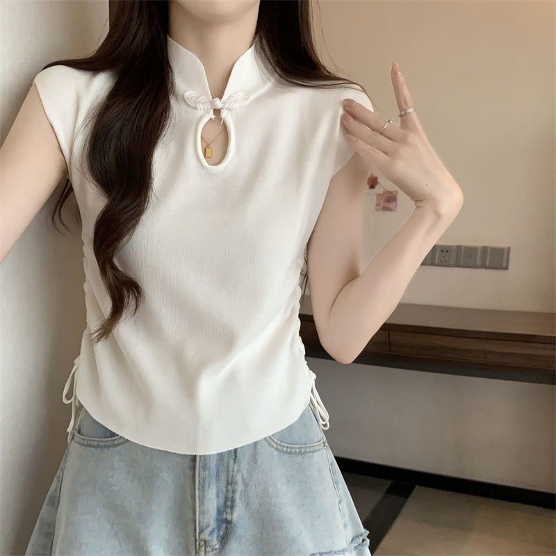 FUXI 新中式國風盤扣針織上衣女 短袖上衣 抽繩短版上衣 修身顯瘦辣妹上衣 冰絲涼感針織衫 女生上衣 女裝 衣服