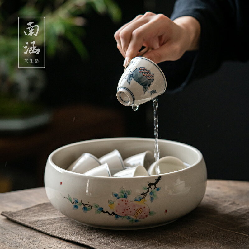陶瓷茶洗大號水盂草木灰禪意筆洗功夫茶具配件高檔建水復古茶渣桶
