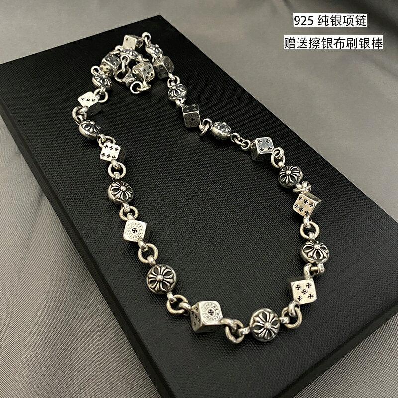 925純銀時尚剋羅心泰銀個性主播潮人款嘻哈復古手工做舊骰子項鏈