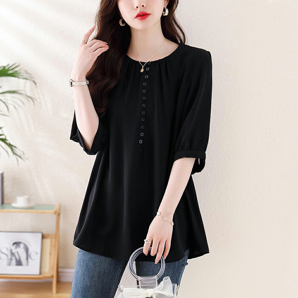 ＊ORead＊鈕扣裝飾雪紡上衣(黑色L~5XL)