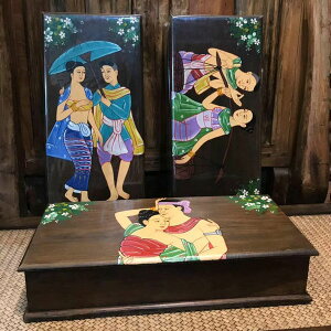 泰國首飾盒東南亞風格手工彩繪美女圖像實木長方形多格收納儲物盒