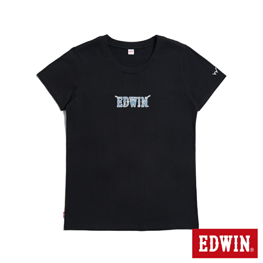 EDWIN 牛仔布LOGO短袖T恤-女款 黑色