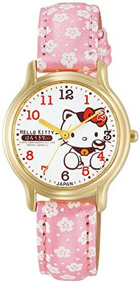 Citizen Q&Q【日本代購】 手錶指針式Hello Kitty 防水皮革錶帶日式花紋日本製造0007N003 女士粉色