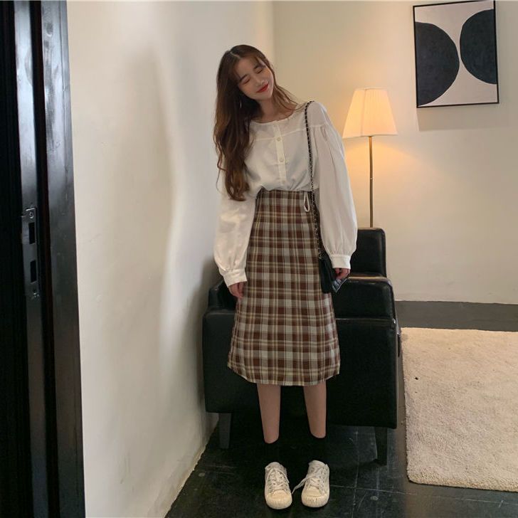 半身裙a字裙兩件套設計感小眾長袖襯衫高腰格子套裝時尚百搭女秋季新款【倪醬】